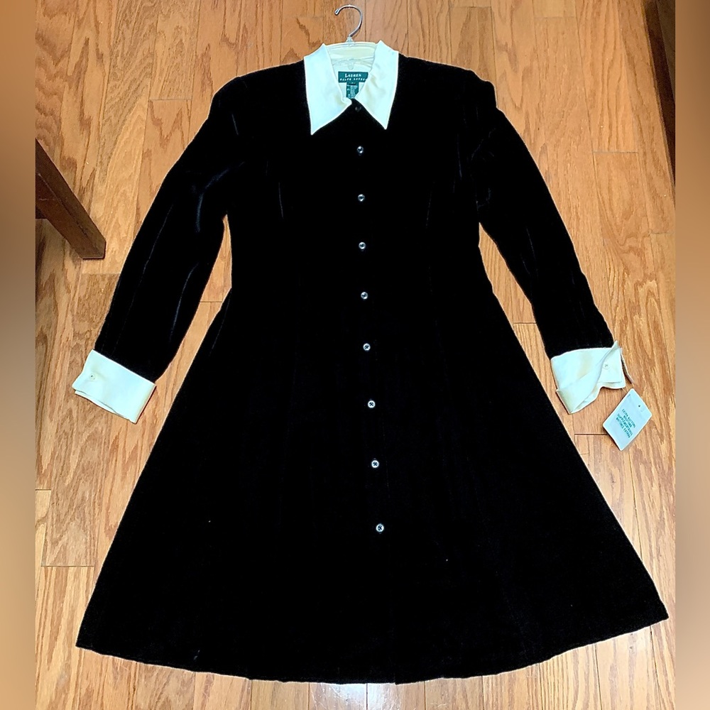 1990s Vtg Women’s 8 Collared Cuffed LAUREN RALPH LAUREN Velour Textured Dress - Picture 3 of 16
